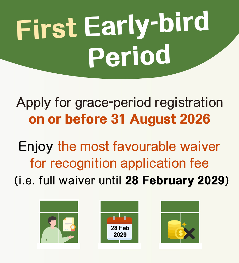 BHU Promotion pop-up - First Early-bird Period. Apply for grace-period registration on or before 31 August 2026, enjoy the most favourable waiver for recognition application fee (i.e. full waiver until 28 February 2029).