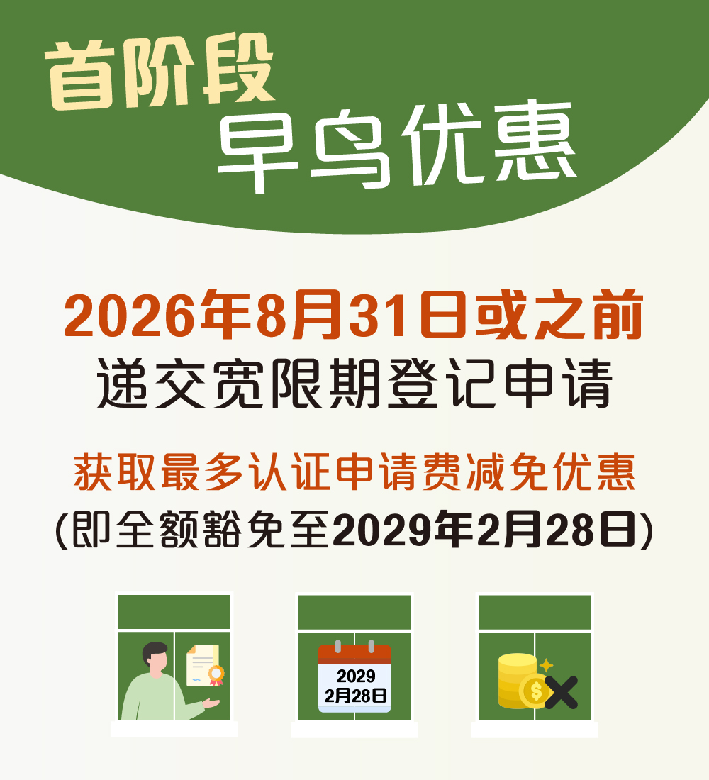 简朴房首页广告 - 首阶段早鸟优惠 - 2026年8月31日或之前递交宽限期登记申请，获取最多认证申请费减免优惠（即全额豁免至2029年2月28日）